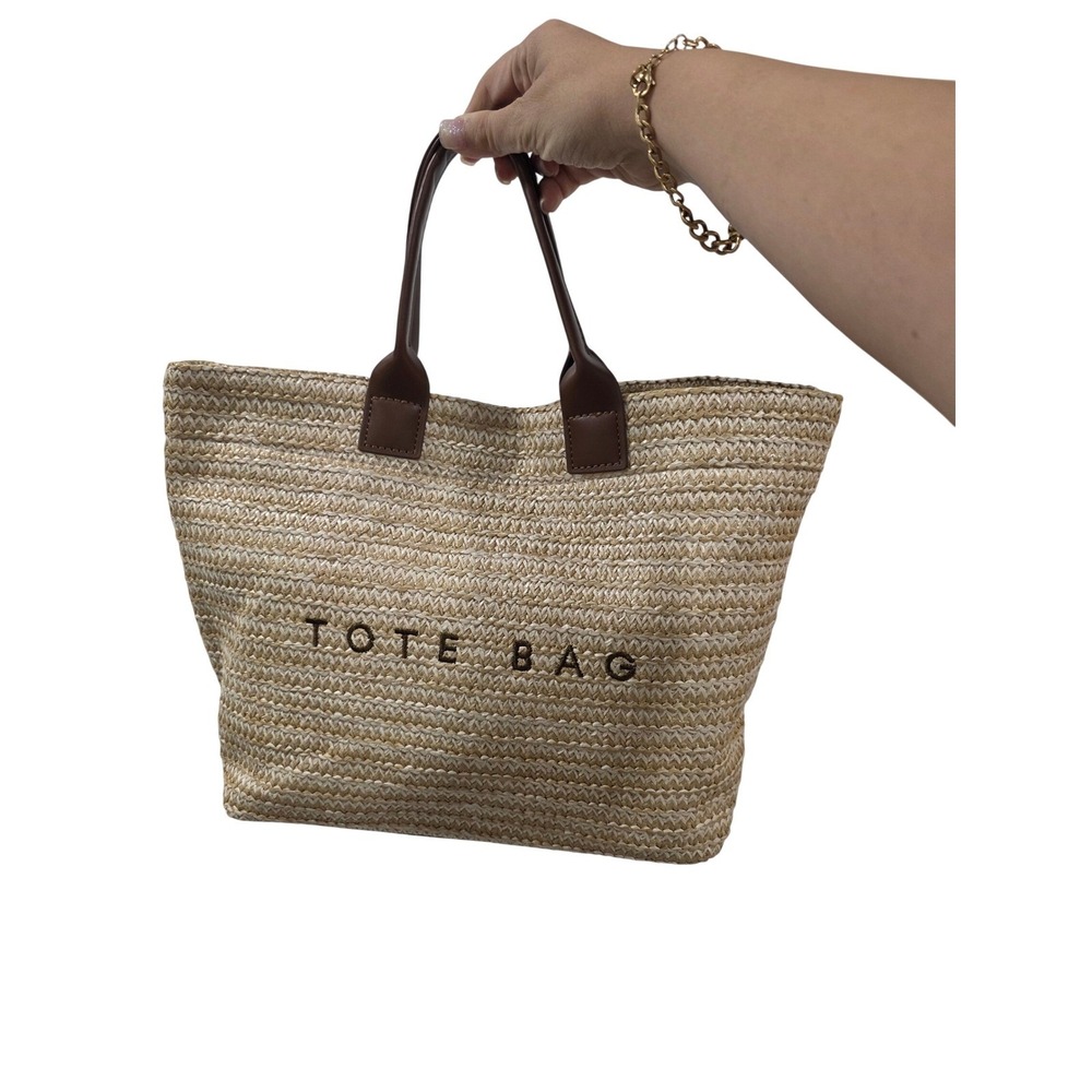 Woven Straw Tote Bag Beige Brown Faux Leather Handle Beach Summer Carryall - Picture 2 of 7